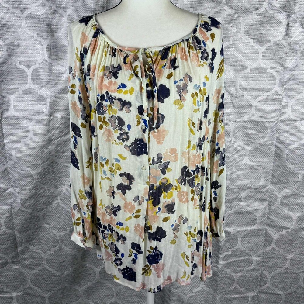 Lucky Brand Cream Floral Peasant Blouse with Navy & Blush Accents